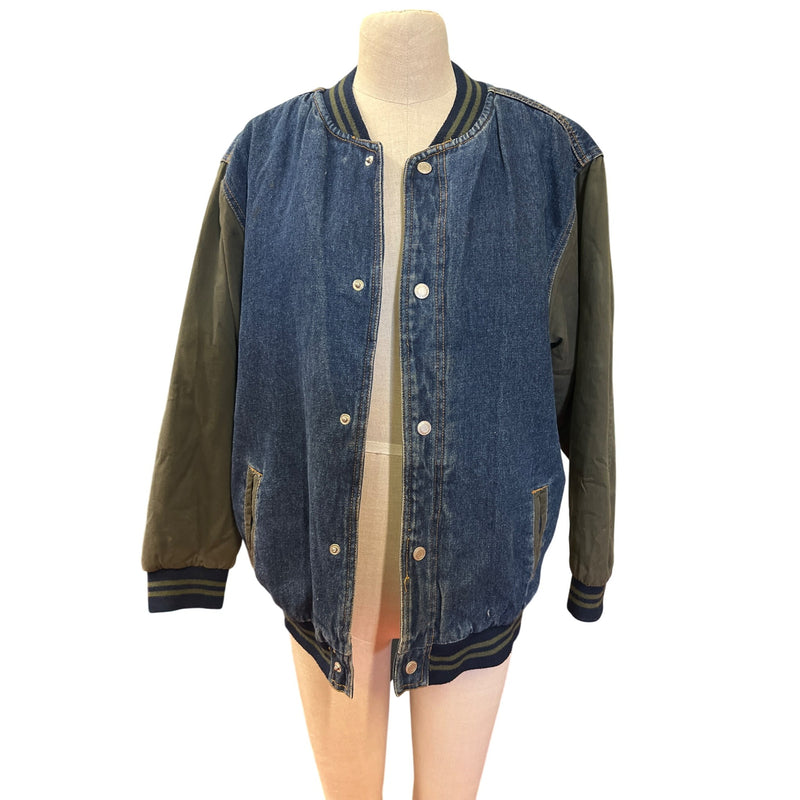 Faded Glory Boys Denim Bomber Varsity Jacket L Authentic Outerwear 1972 Green Sleeves