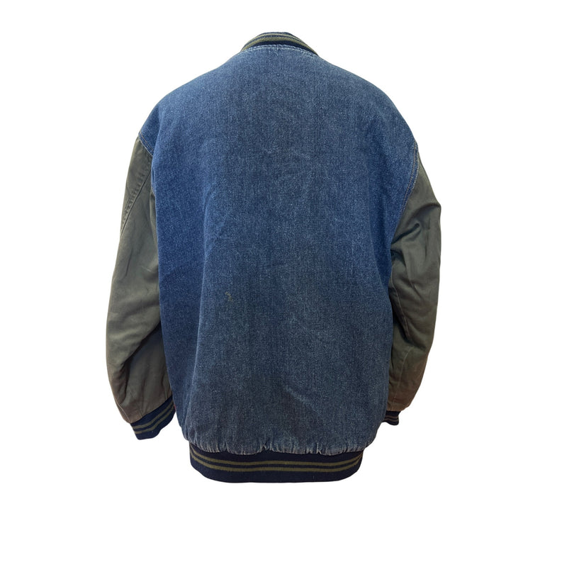 Faded Glory Boys Denim Bomber Varsity Jacket L Authentic Outerwear 1972 Green Sleeves