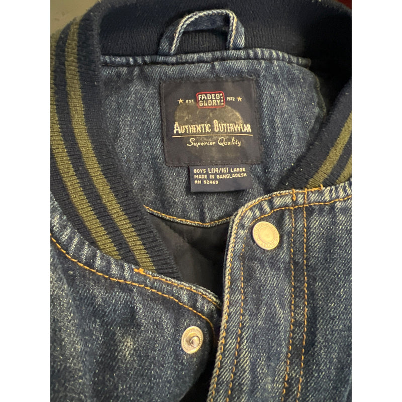 Faded Glory Boys Denim Bomber Varsity Jacket L Authentic Outerwear 1972 Green Sleeves