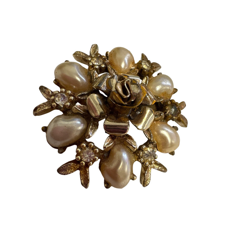 Art Deco c.1930s Coro Faux Pearl & Rhinestone Rose Brooch | Rare "DES. PAT. PEND." Hallmark | Fundraiser Supports Sustainable Fashion Educat