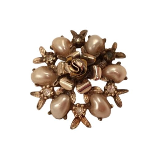 Art Deco c.1930s Coro Faux Pearl & Rhinestone Rose Brooch | Rare "DES. PAT. PEND." Hallmark | Fundraiser Supports Sustainable Fashion Educat