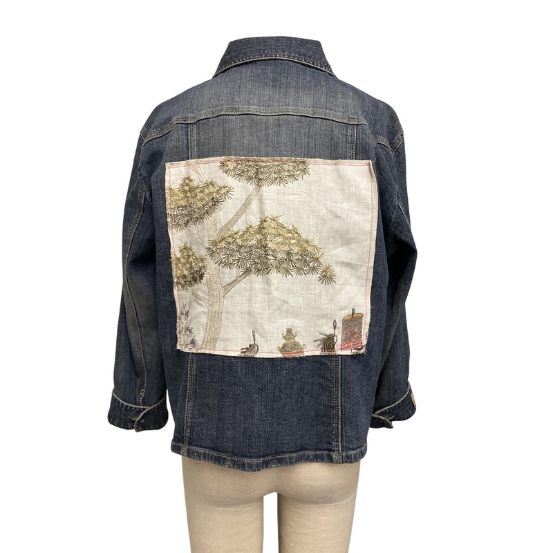 LUXBOHEME Handmade Upcycled Denim Jacket With Embroidery Upholstery Fabric Back Patch, Fundraiser for Sustainable Fashion Education Programs