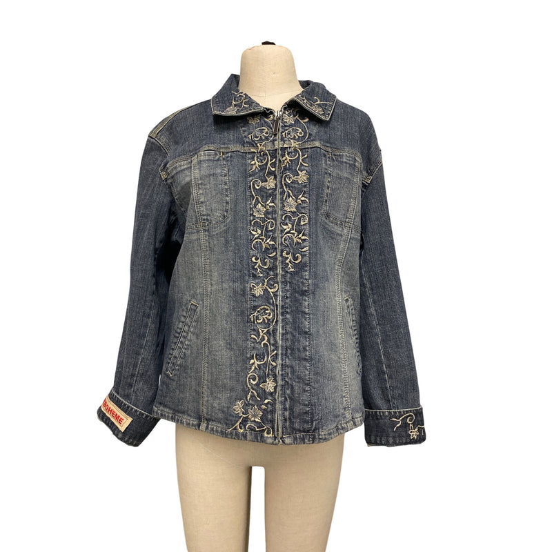 LUXBOHEME Handmade Upcycled Denim Jacket With Embroidery Upholstery Fabric Back Patch, Fundraiser for Sustainable Fashion Education Programs