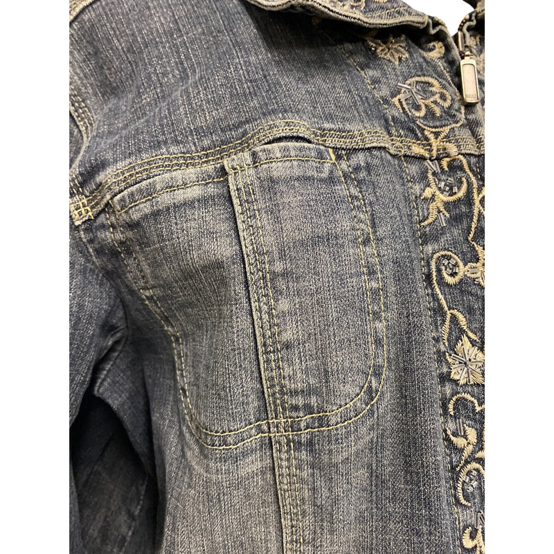 LUXBOHEME Handmade Upcycled Denim Jacket With Embroidery Upholstery Fabric Back Patch, Fundraiser for Sustainable Fashion Education Programs
