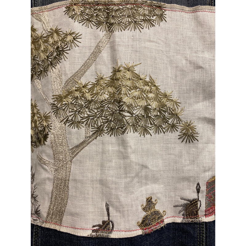 LUXBOHEME Handmade Upcycled Denim Jacket With Embroidery Upholstery Fabric Back Patch, Fundraiser for Sustainable Fashion Education Programs