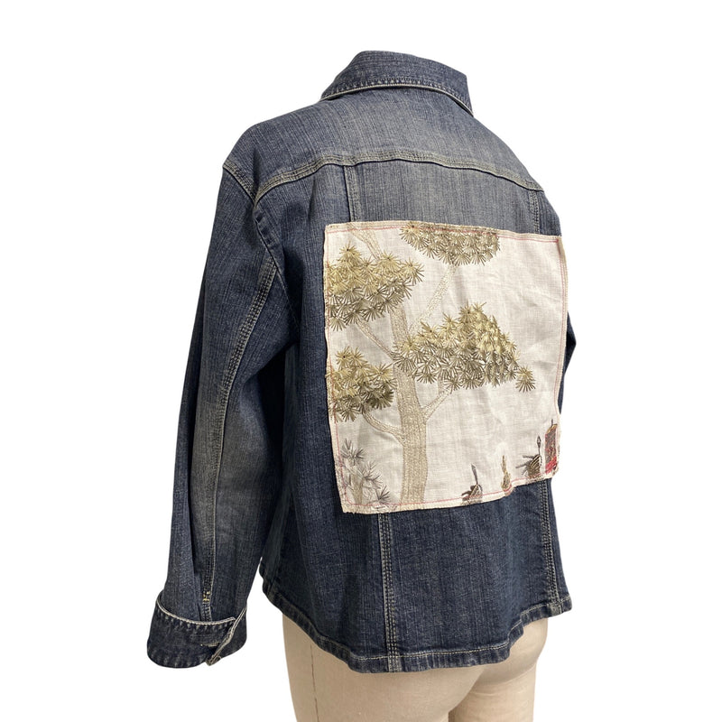 LUXBOHEME Handmade Upcycled Denim Jacket With Embroidery Upholstery Fabric Back Patch, Fundraiser for Sustainable Fashion Education Programs
