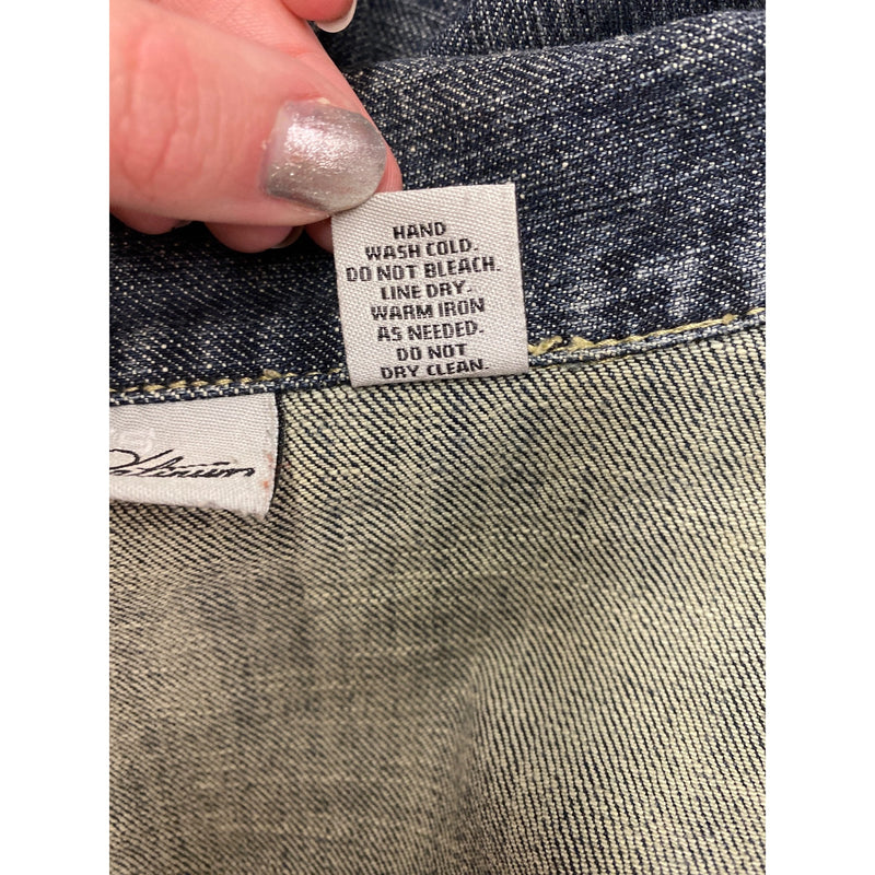 LUXBOHEME Handmade Upcycled Denim Jacket With Embroidery Upholstery Fabric Back Patch, Fundraiser for Sustainable Fashion Education Programs