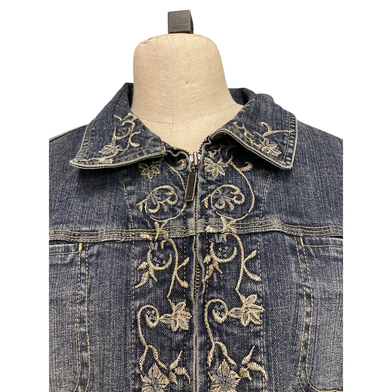 LUXBOHEME Handmade Upcycled Denim Jacket With Embroidery Upholstery Fabric Back Patch, Fundraiser for Sustainable Fashion Education Programs