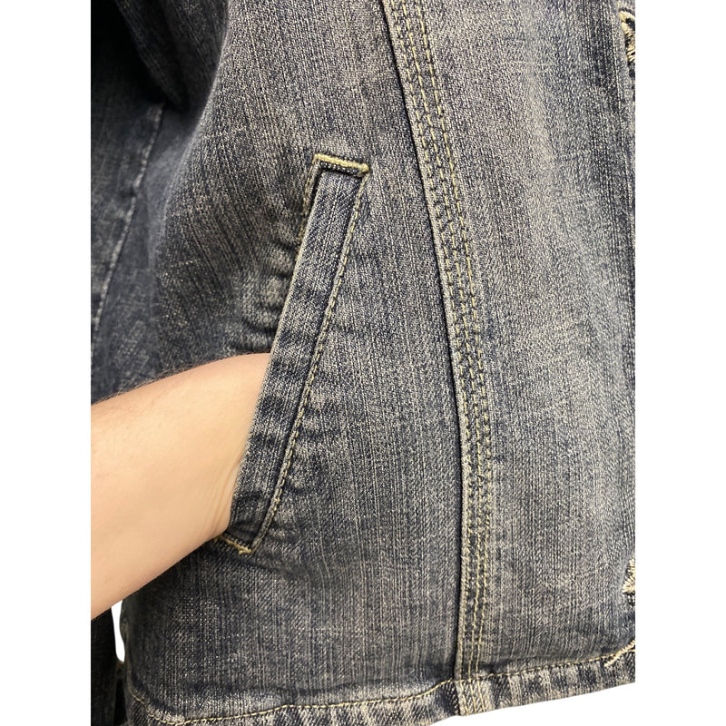 LUXBOHEME Handmade Upcycled Denim Jacket With Embroidery Upholstery Fabric Back Patch, Fundraiser for Sustainable Fashion Education Programs