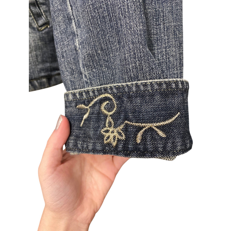 LUXBOHEME Handmade Upcycled Denim Jacket With Embroidery Upholstery Fabric Back Patch, Fundraiser for Sustainable Fashion Education Programs