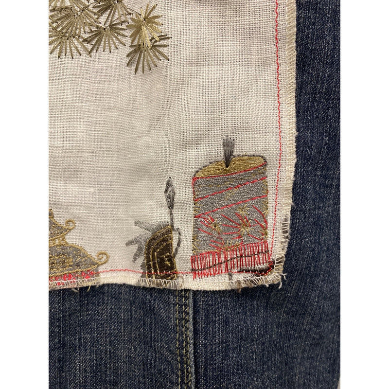 LUXBOHEME Handmade Upcycled Denim Jacket With Embroidery Upholstery Fabric Back Patch, Fundraiser for Sustainable Fashion Education Programs