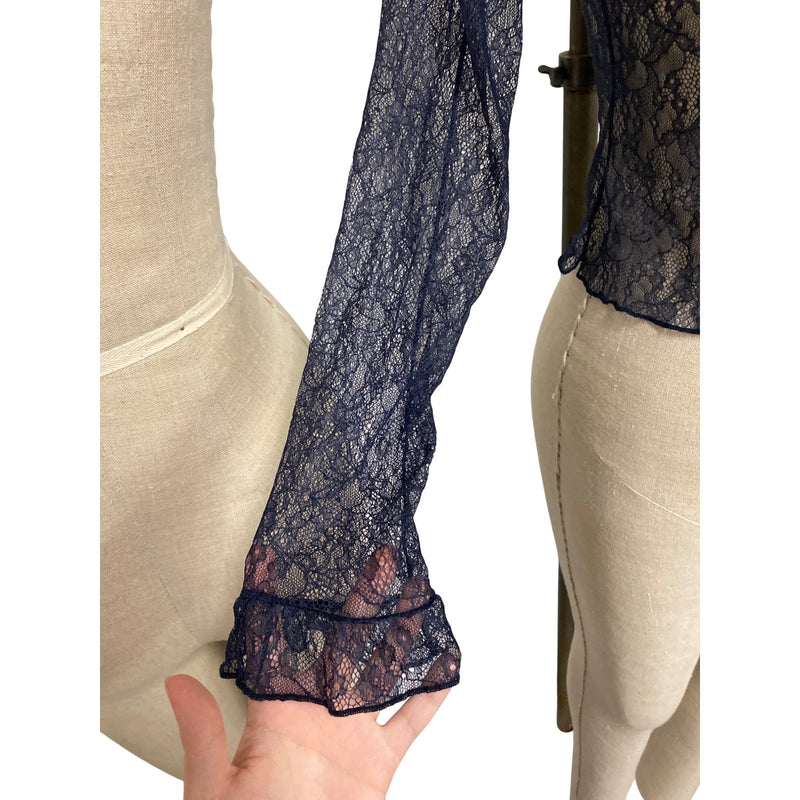 Zara Navy Lace Ruffle Long Sleeve Blouse S