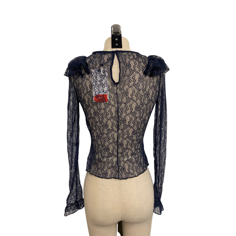 Zara Navy Lace Ruffle Long Sleeve Blouse S