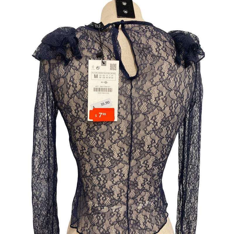 Zara Navy Lace Ruffle Long Sleeve Blouse S