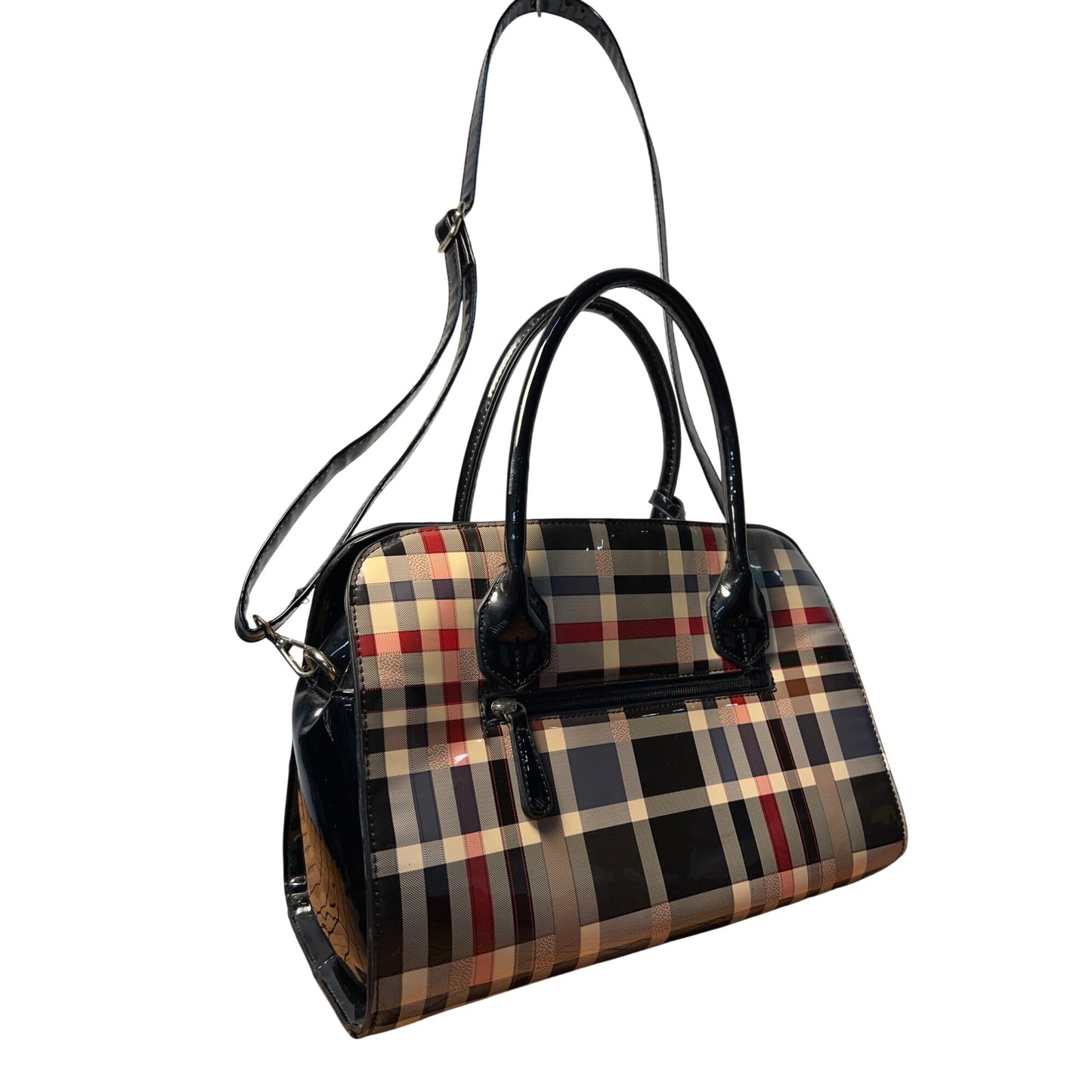 Plaid Patent Leather Large Satchel Carryall With Adjustable Strap And Zipper Closure