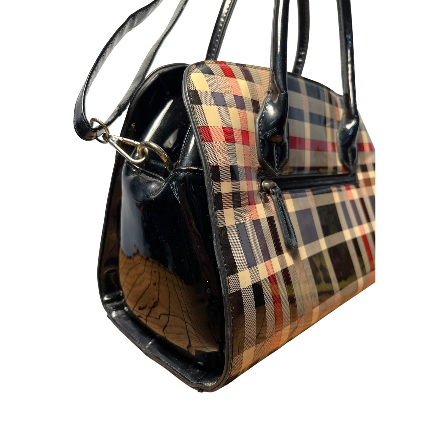 Plaid Patent Leather Large Satchel Carryall With Adjustable Strap And Zipper Closure