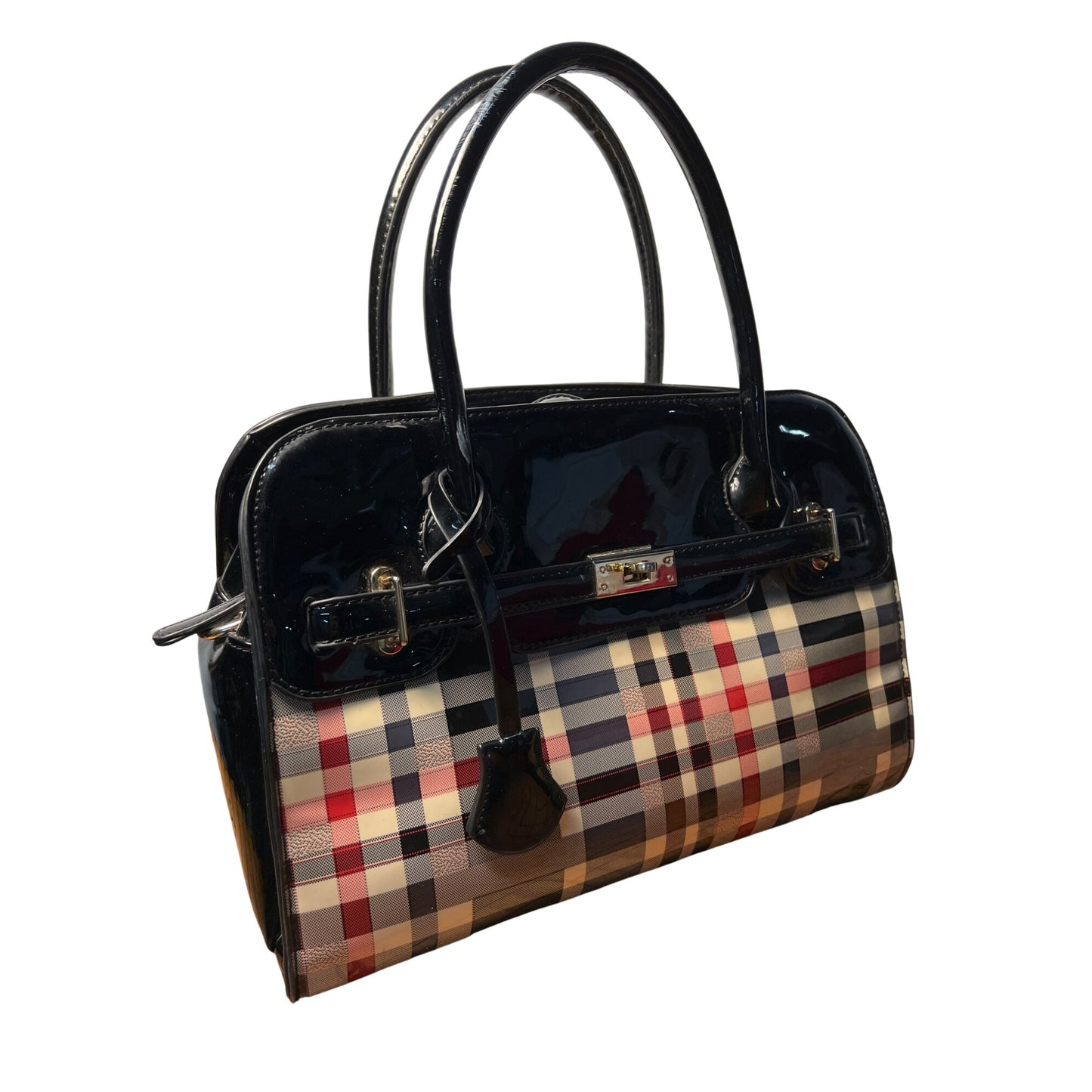 Plaid Patent Leather Large Satchel Carryall With Adjustable Strap And Zipper Closure