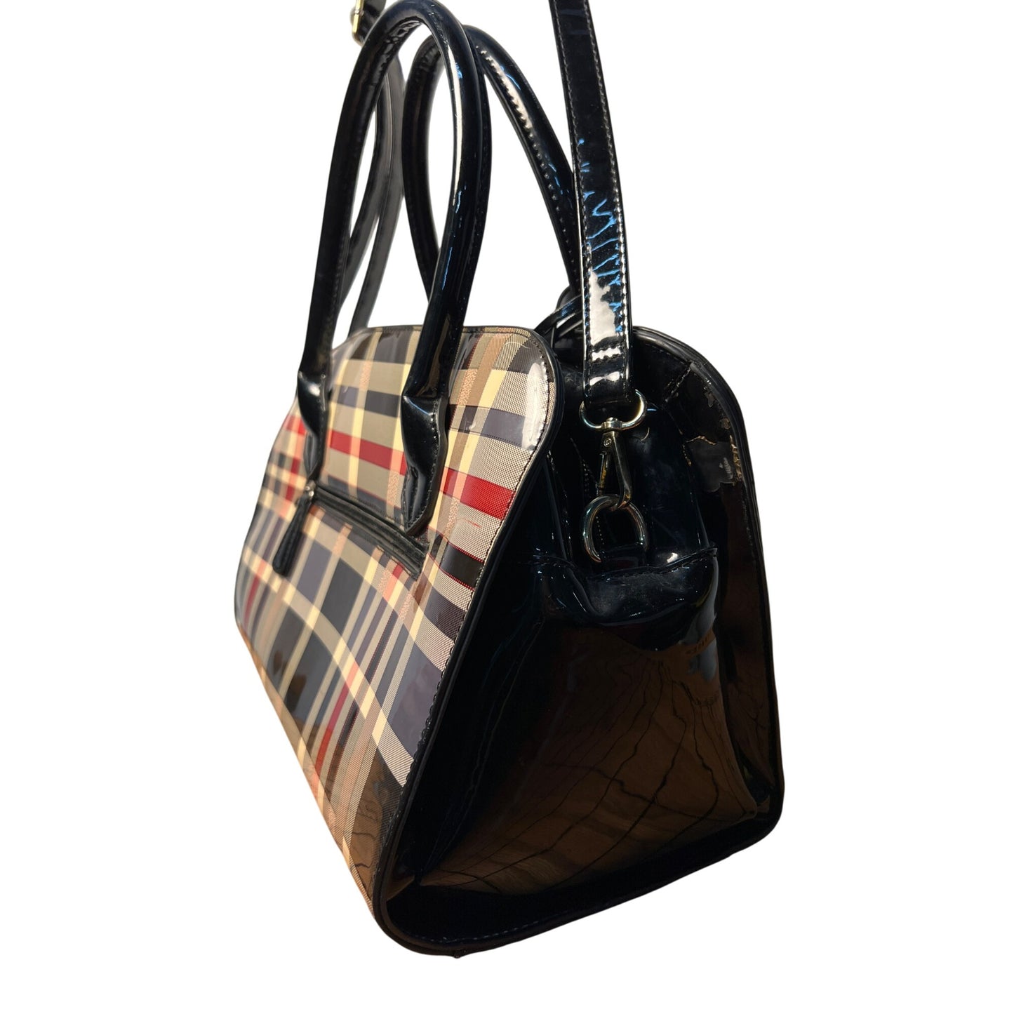Plaid Patent Leather Large Satchel Carryall With Adjustable Strap And Zipper Closure