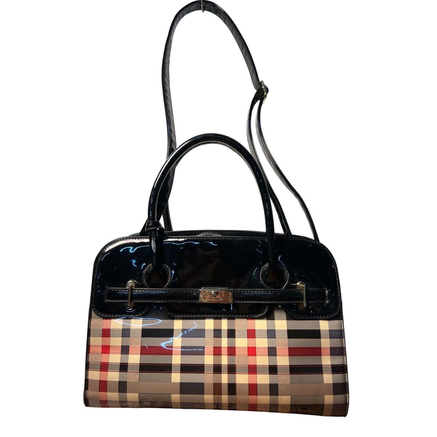 Plaid Patent Leather Large Satchel Carryall With Adjustable Strap And Zipper Closure