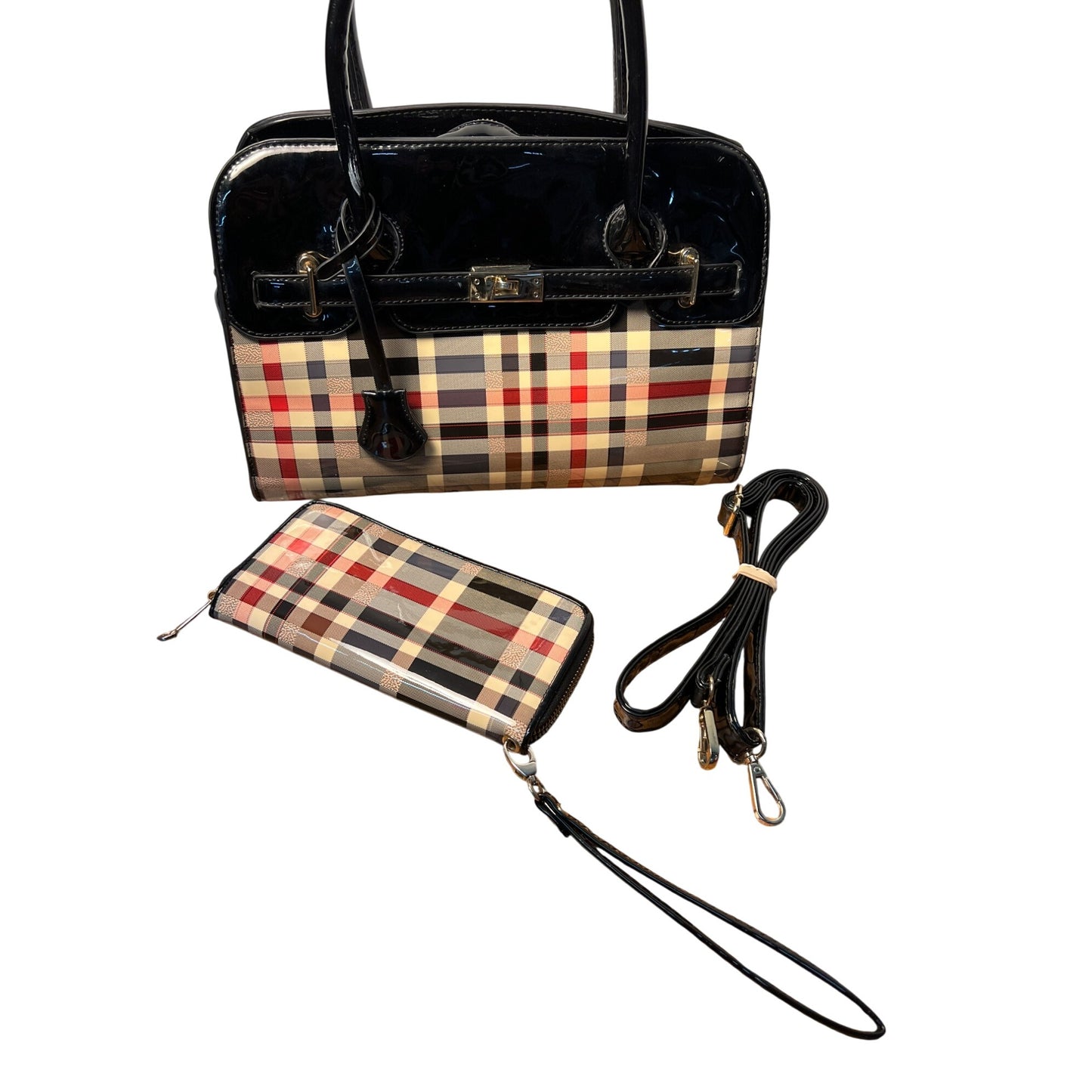 Plaid Patent Leather Large Satchel Carryall With Adjustable Strap And Zipper Closure