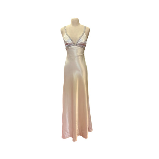 Vintage DJ Nights by Laura Ryner Ivory Metallic Gown With Beaded Straps Empire Waist Maxi Long Gown Formal Wear Prom Homecoming Dress