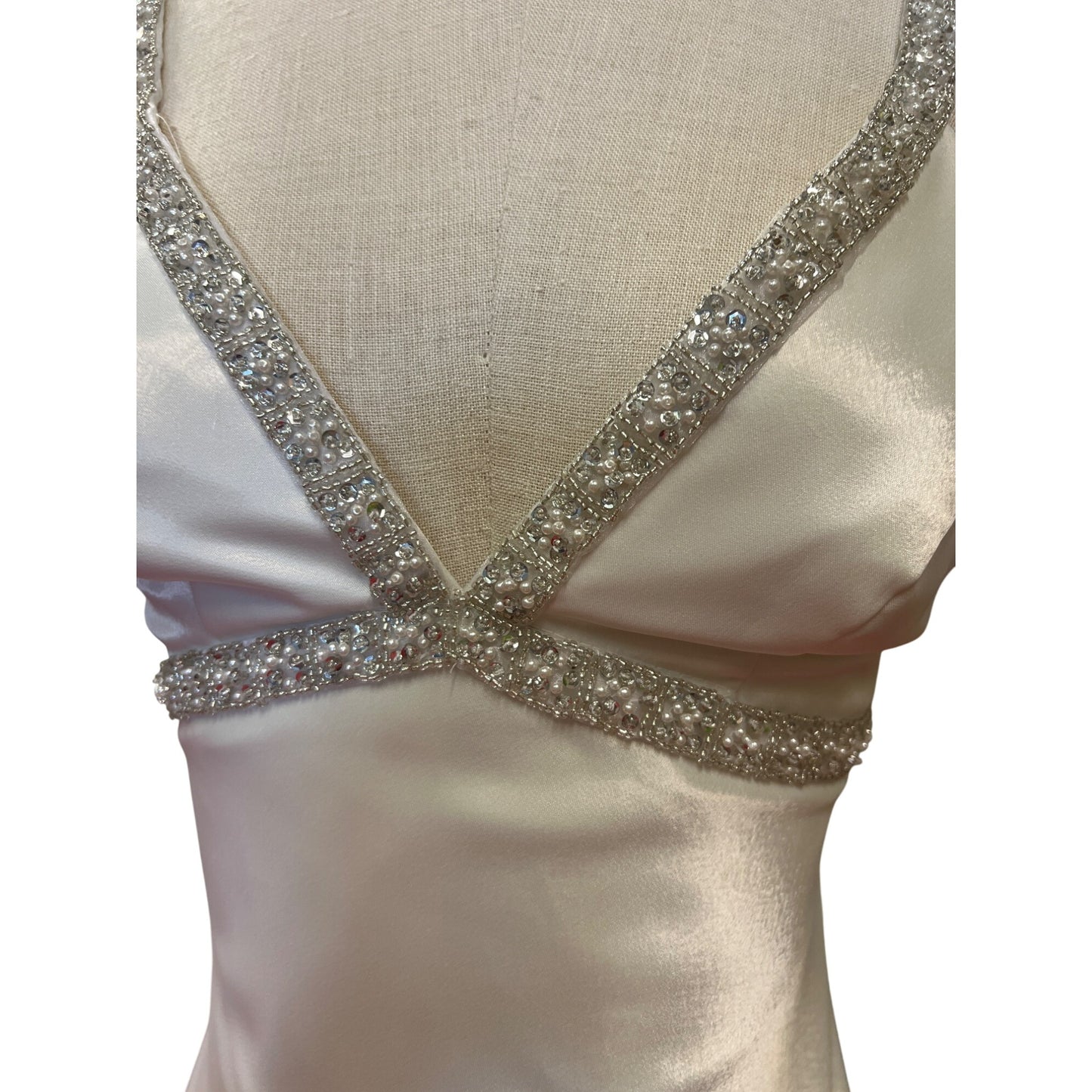 Vintage DJ Nights by Laura Ryner Ivory Metallic Gown With Beaded Straps Empire Waist Maxi Long Gown Formal Wear Prom Homecoming Dress