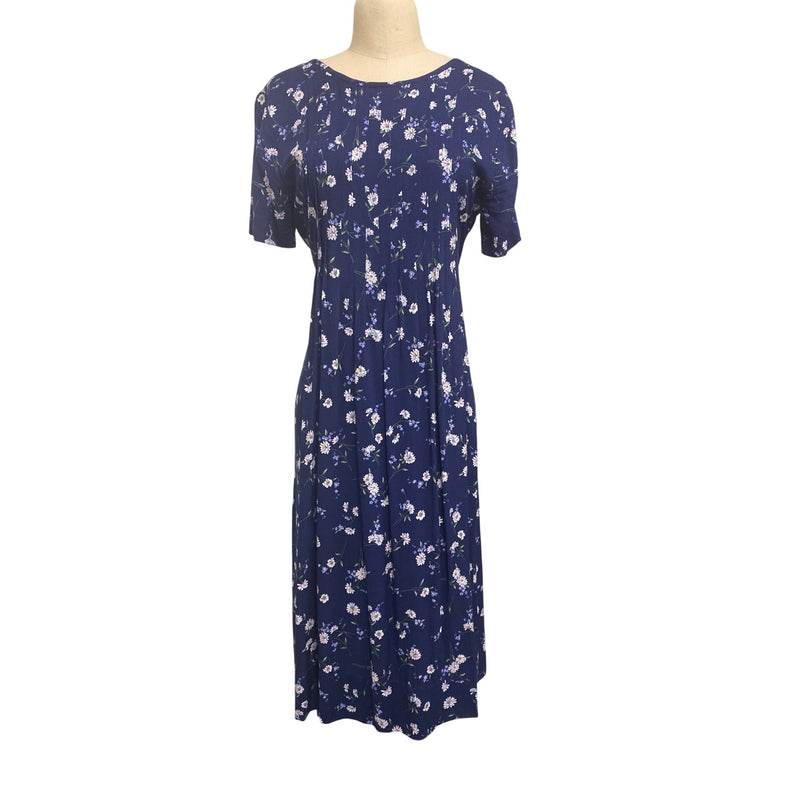 Vintage Handmade Navy Blue Floral Midi Dress With Pleats and Tie Back, Fundraiser for Sustainable Fashion Education Programs