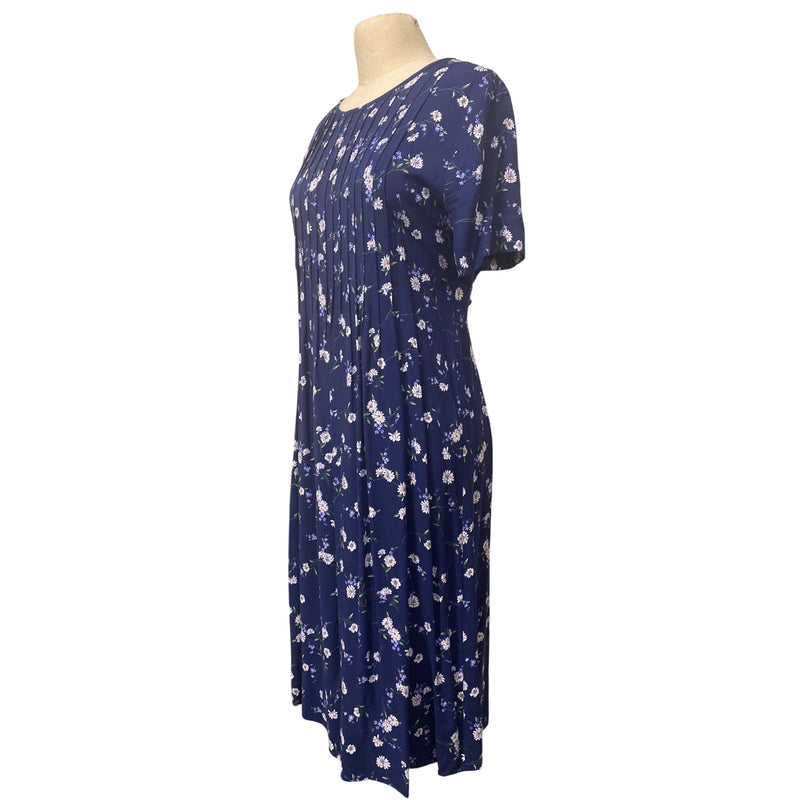 Vintage Handmade Navy Blue Floral Midi Dress With Pleats and Tie Back, Fundraiser for Sustainable Fashion Education Programs
