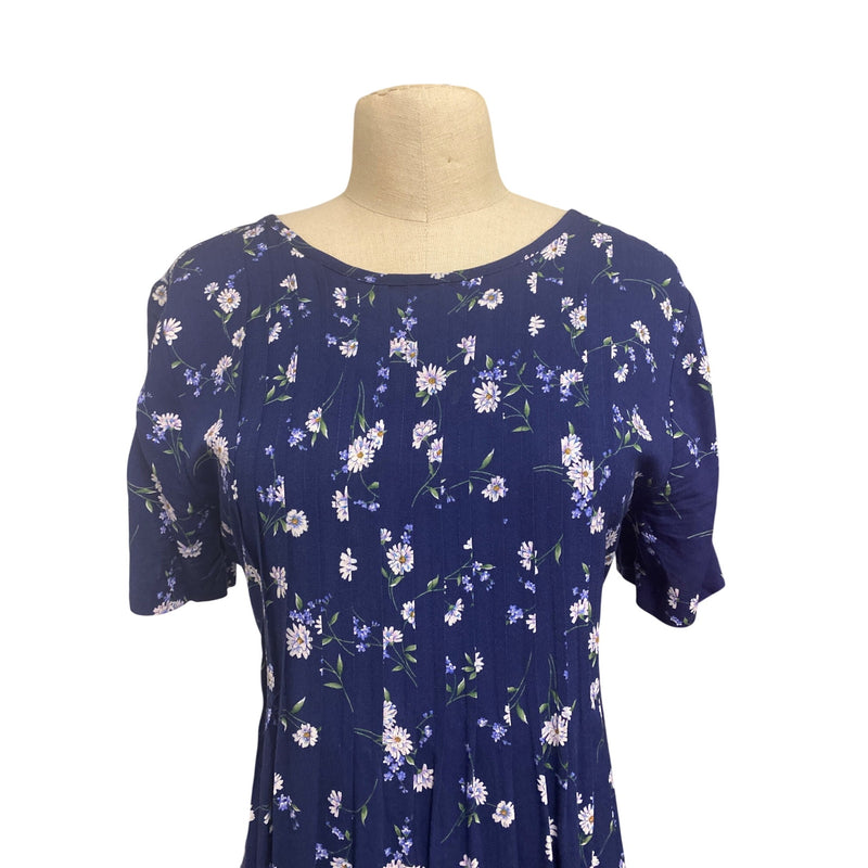 Vintage Handmade Navy Blue Floral Midi Dress With Pleats and Tie Back, Fundraiser for Sustainable Fashion Education Programs
