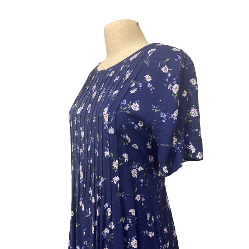 Vintage Handmade Navy Blue Floral Midi Dress With Pleats and Tie Back, Fundraiser for Sustainable Fashion Education Programs