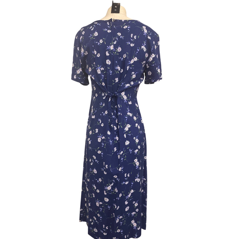 Vintage Handmade Navy Blue Floral Midi Dress With Pleats and Tie Back, Fundraiser for Sustainable Fashion Education Programs
