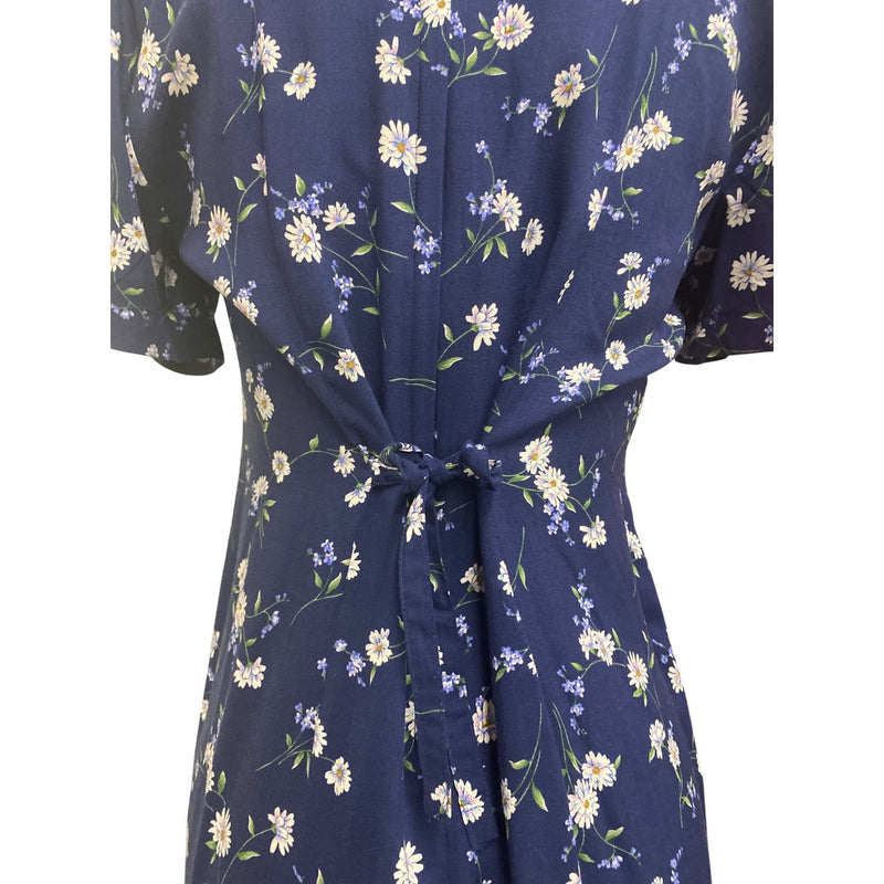 Vintage Handmade Navy Blue Floral Midi Dress With Pleats and Tie Back, Fundraiser for Sustainable Fashion Education Programs