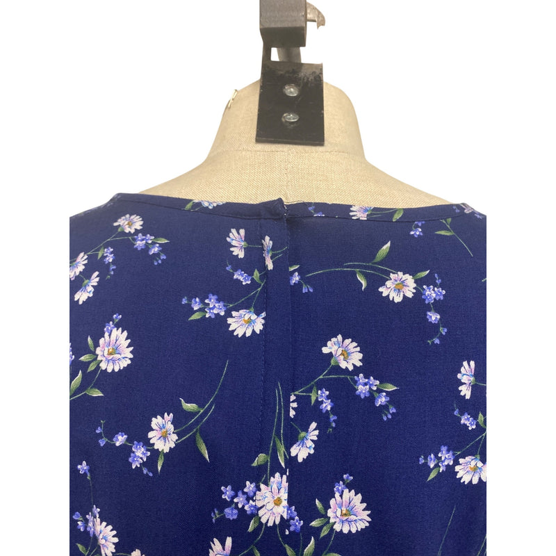 Vintage Handmade Navy Blue Floral Midi Dress With Pleats and Tie Back, Fundraiser for Sustainable Fashion Education Programs