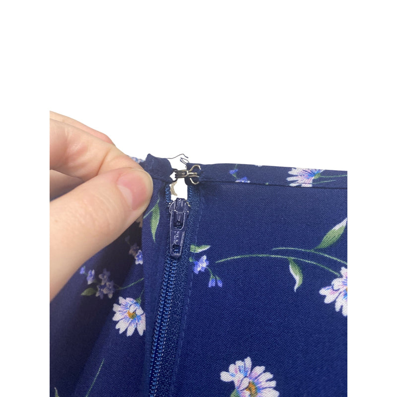 Vintage Handmade Navy Blue Floral Midi Dress With Pleats and Tie Back, Fundraiser for Sustainable Fashion Education Programs