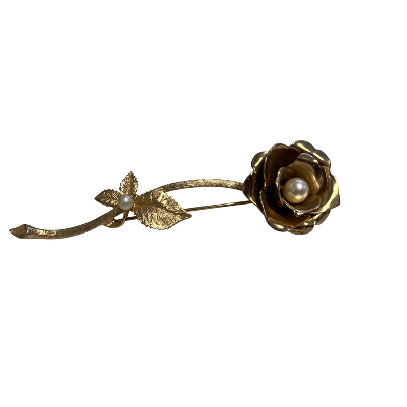 Vintage Brushed Gold-Tone Rose Stem Brooch Dimensional Petals Pearl Accents Elegant 4.25" Long Fundraiser Supports Sustainable Fashion
