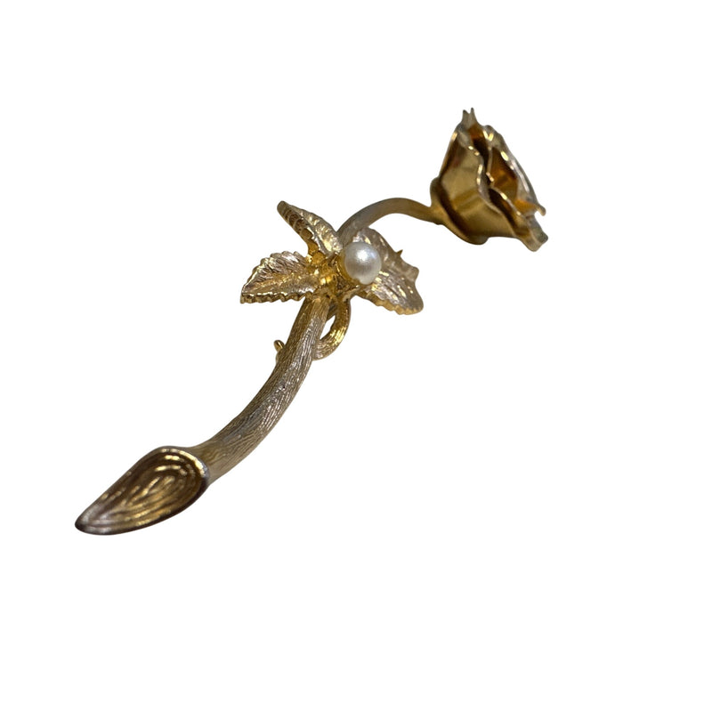Vintage Brushed Gold-Tone Rose Stem Brooch Dimensional Petals Pearl Accents Elegant 4.25" Long Fundraiser Supports Sustainable Fashion