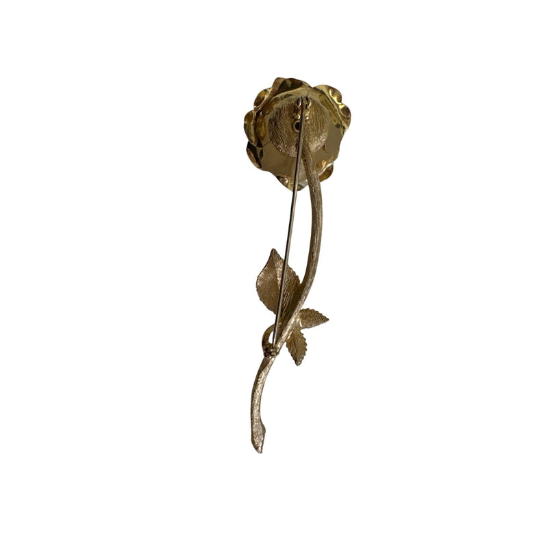 Vintage Brushed Gold-Tone Rose Stem Brooch Dimensional Petals Pearl Accents Elegant 4.25" Long Fundraiser Supports Sustainable Fashion