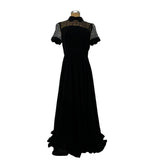 Differentes Black Feminine Design Neckline Long Dress Sheer Short Sleeve