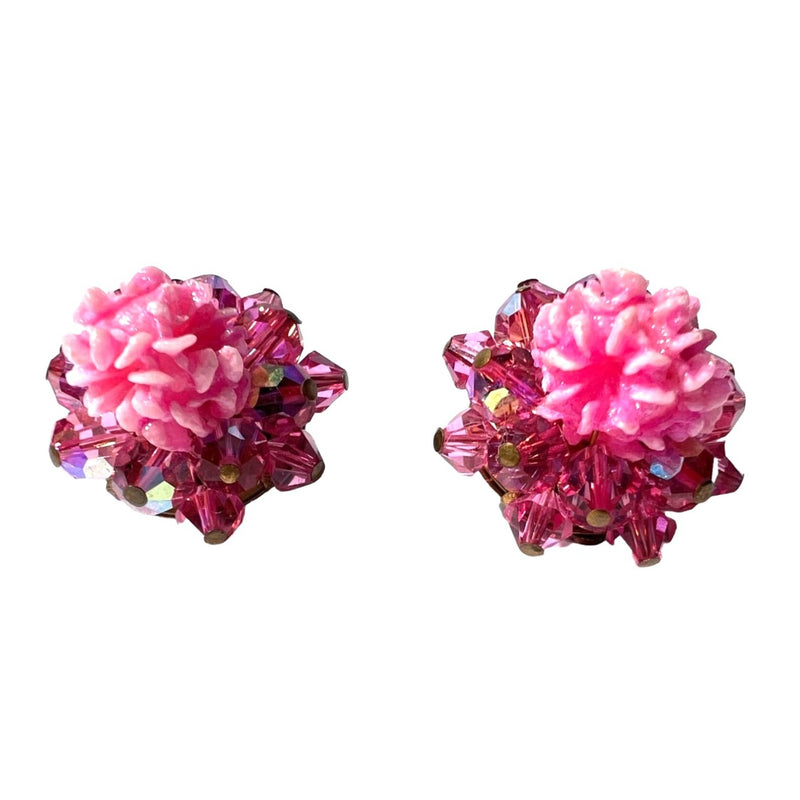 Vintage Pink Floral Clip on Earrings Sculptural Cluster Earrings Sparkling Crystal Beads Costume Jewelry Fundraiser for Sustainable Fashion