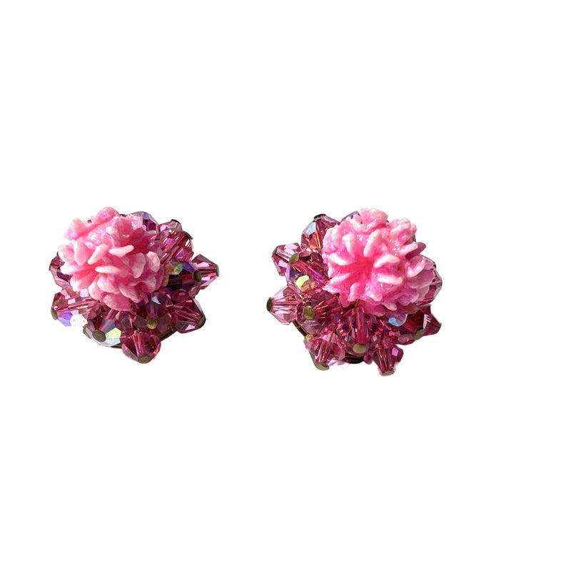 Vintage Pink Floral Clip on Earrings Sculptural Cluster Earrings Sparkling Crystal Beads Costume Jewelry Fundraiser for Sustainable Fashion