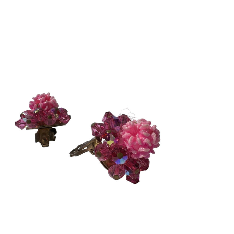 Vintage Pink Floral Clip on Earrings Sculptural Cluster Earrings Sparkling Crystal Beads Costume Jewelry Fundraiser for Sustainable Fashion