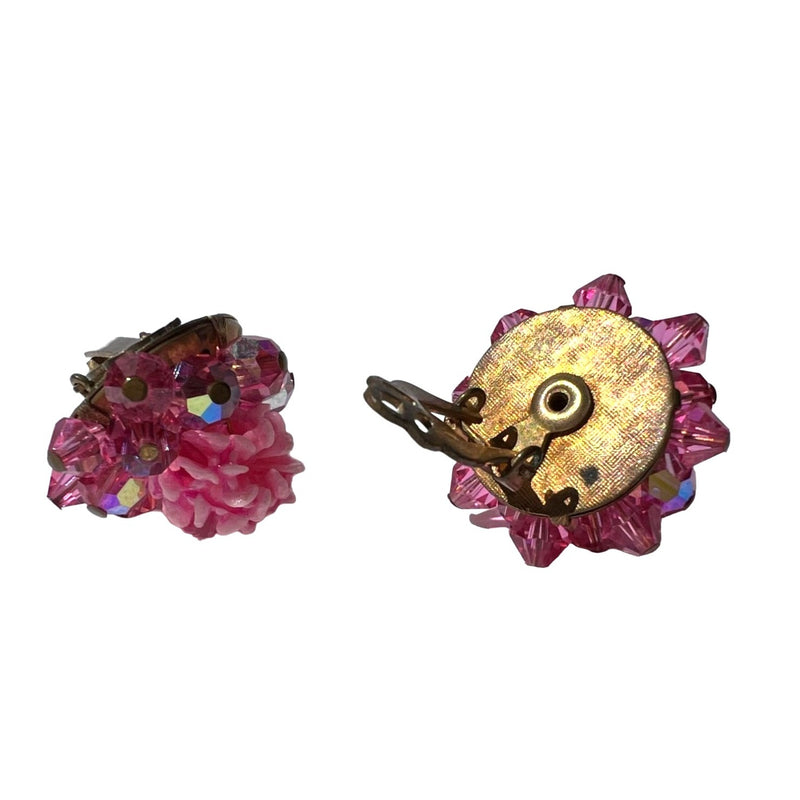 Vintage Pink Floral Clip on Earrings Sculptural Cluster Earrings Sparkling Crystal Beads Costume Jewelry Fundraiser for Sustainable Fashion