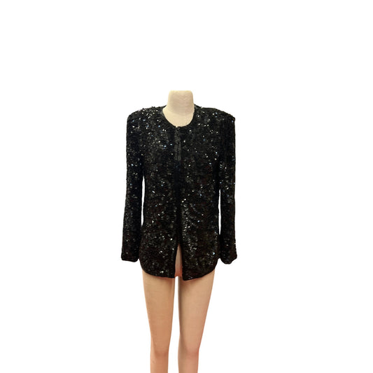 Vintage Laurence Kazar Black Sequined Long-Sleeve Jacket Blazer Evening Coat Formal Wear Cocktail Party Shine Sparkling