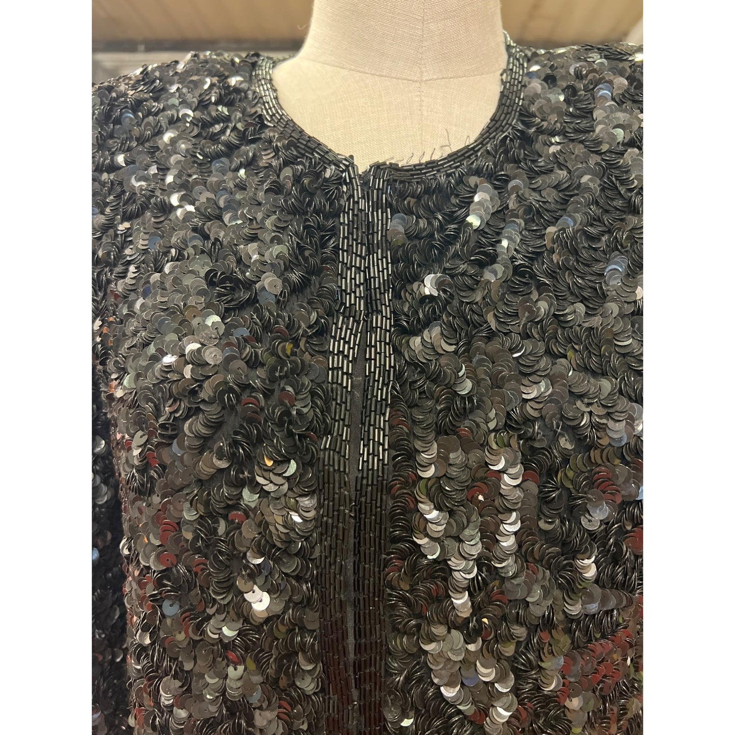 Vintage Laurence Kazar Black Sequined Long-Sleeve Jacket Blazer Evening Coat Formal Wear Cocktail Party Shine Sparkling