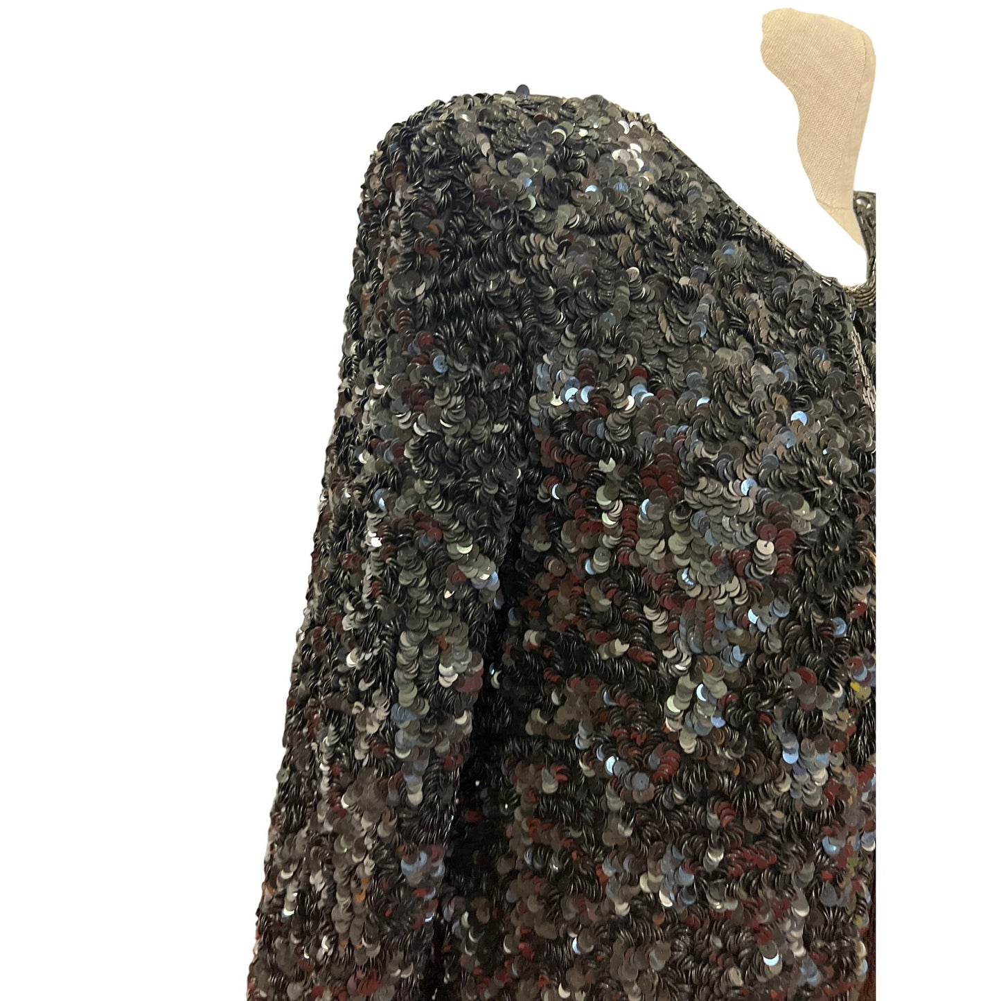 Vintage Laurence Kazar Black Sequined Long-Sleeve Jacket Blazer Evening Coat Formal Wear Cocktail Party Shine Sparkling