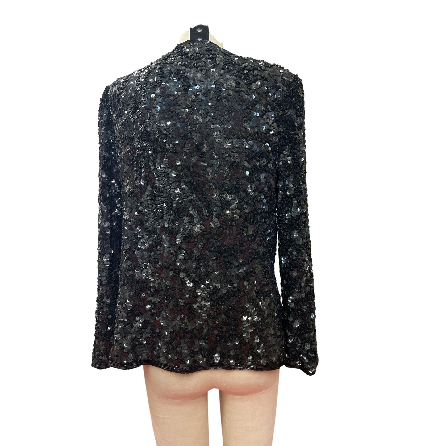 Vintage Laurence Kazar Black Sequined Long-Sleeve Jacket Blazer Evening Coat Formal Wear Cocktail Party Shine Sparkling