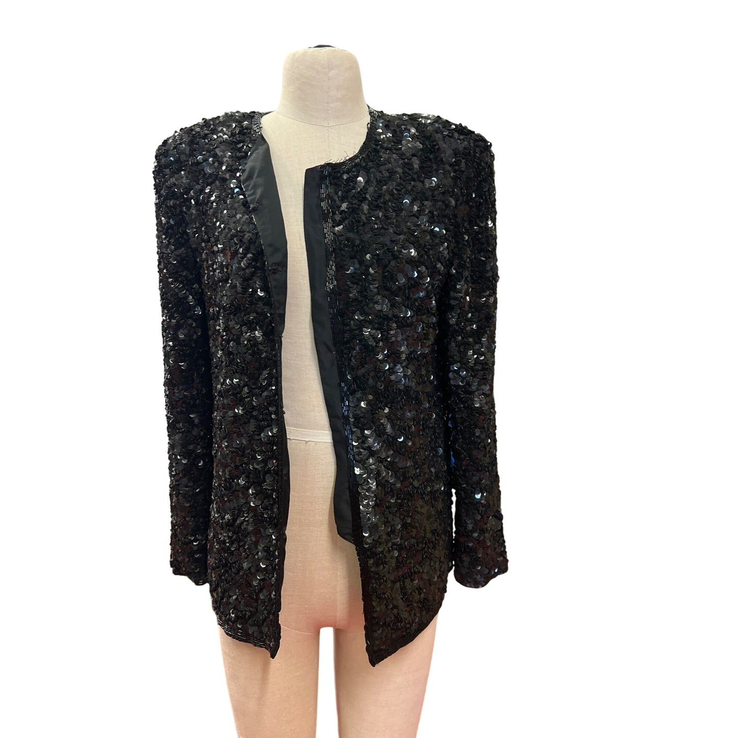 Vintage Laurence Kazar Black Sequined Long-Sleeve Jacket Blazer Evening Coat Formal Wear Cocktail Party Shine Sparkling