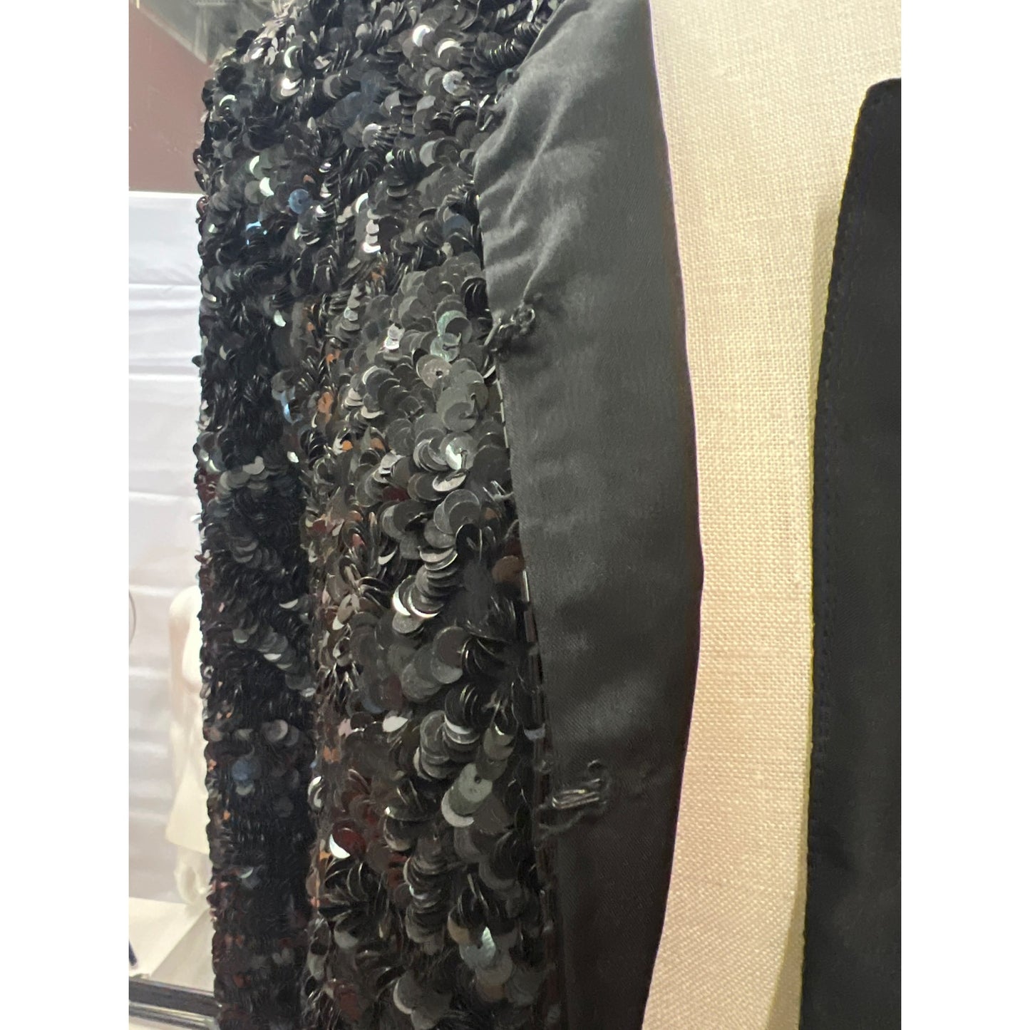 Vintage Laurence Kazar Black Sequined Long-Sleeve Jacket Blazer Evening Coat Formal Wear Cocktail Party Shine Sparkling