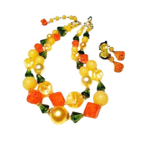 Vintage 1940s German Yellow Orange Beaded Necklace With Clip-On Earrings Set