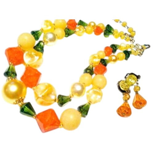 Vintage 1940s German Yellow Orange Beaded Necklace With Clip-On Earrings Set